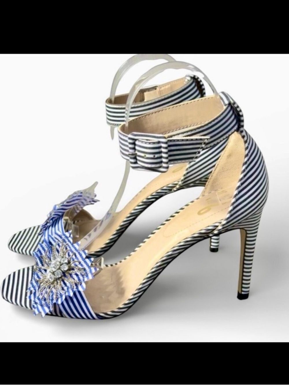 Mix No. 6 Lole Stripe Rhinestone Flower Heels Blue White Sz 8.5